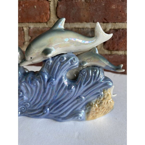 Vintage Dolphin Pod Family Blue Ceramic Iridescent Lusterware 6 Dolphin Family - Picture 6 of 7